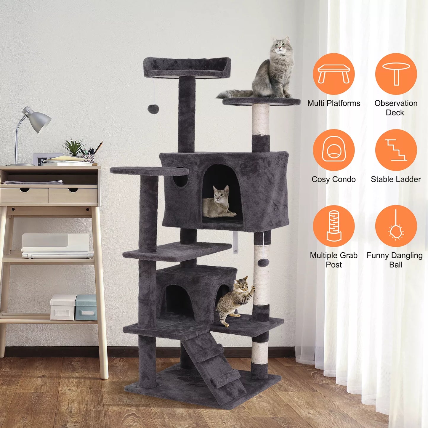55" Sturdy Cat Tree Tower: Large Activity Center & Condo for Play and Rest