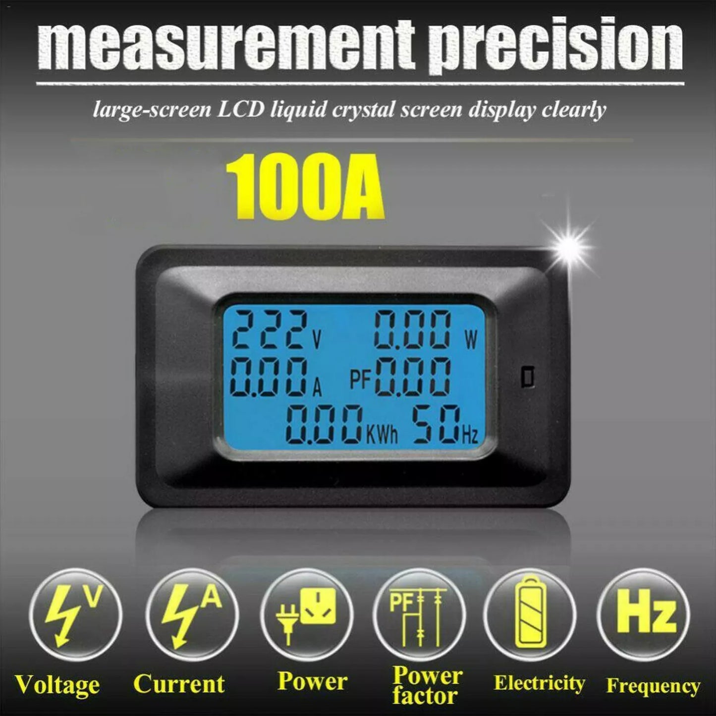 AC Power Meter with LCD Display & Current Transformer – 110V-250V, 100A, Overload Alarm & Energy Monitoring