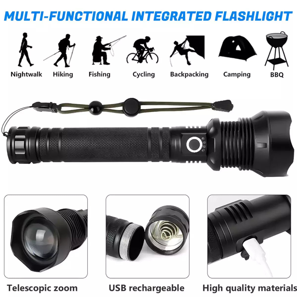 Super Bright LED Flashlight – XHP50.2, USB-C Rechargeable, 1000M Beam, Waterproof