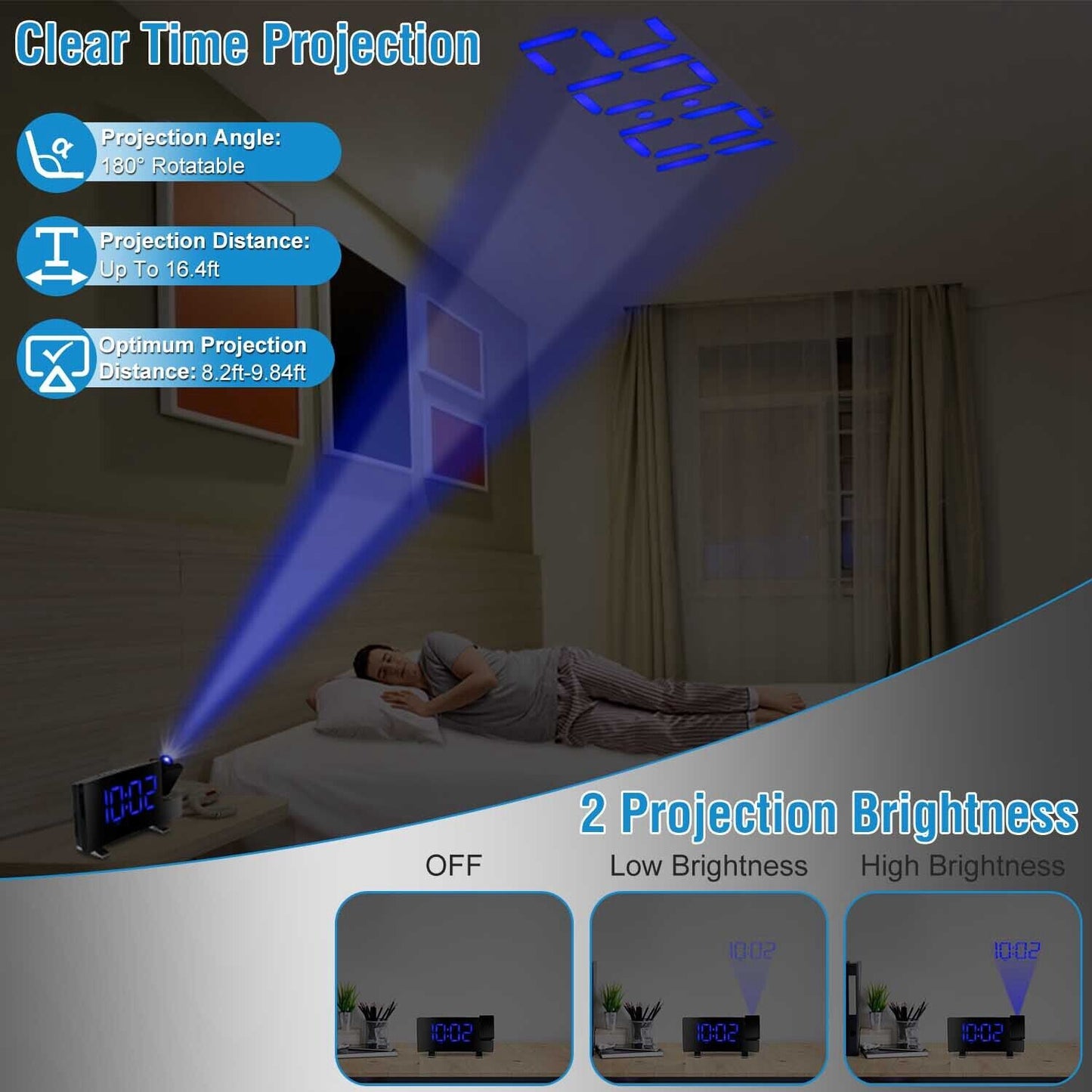 Rotatable Digital LED Projector Clock with Dual Alarms, FM Radio & USB Charging