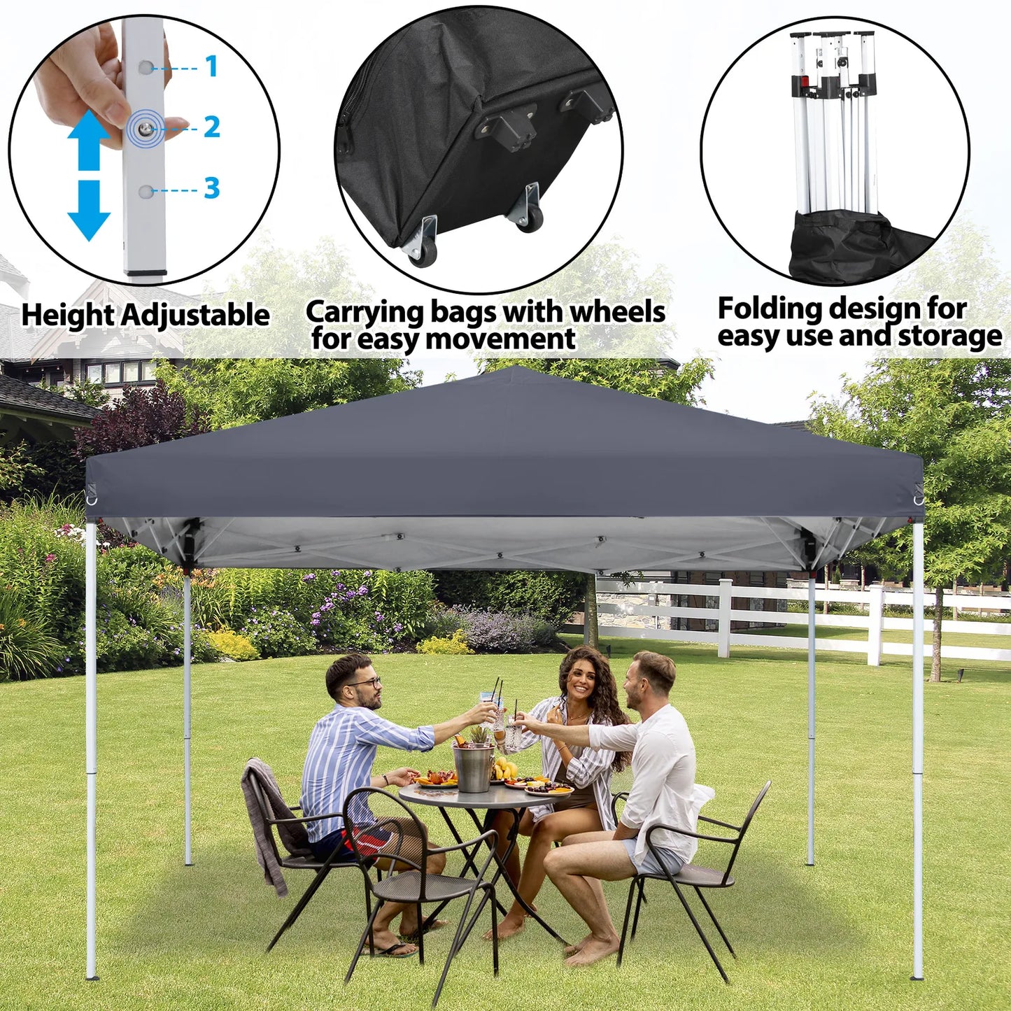 10x10 Pop-Up Canopy Tent with Adjustable Straight Leg Heights, Wheeled Bag & Ropes - Grey