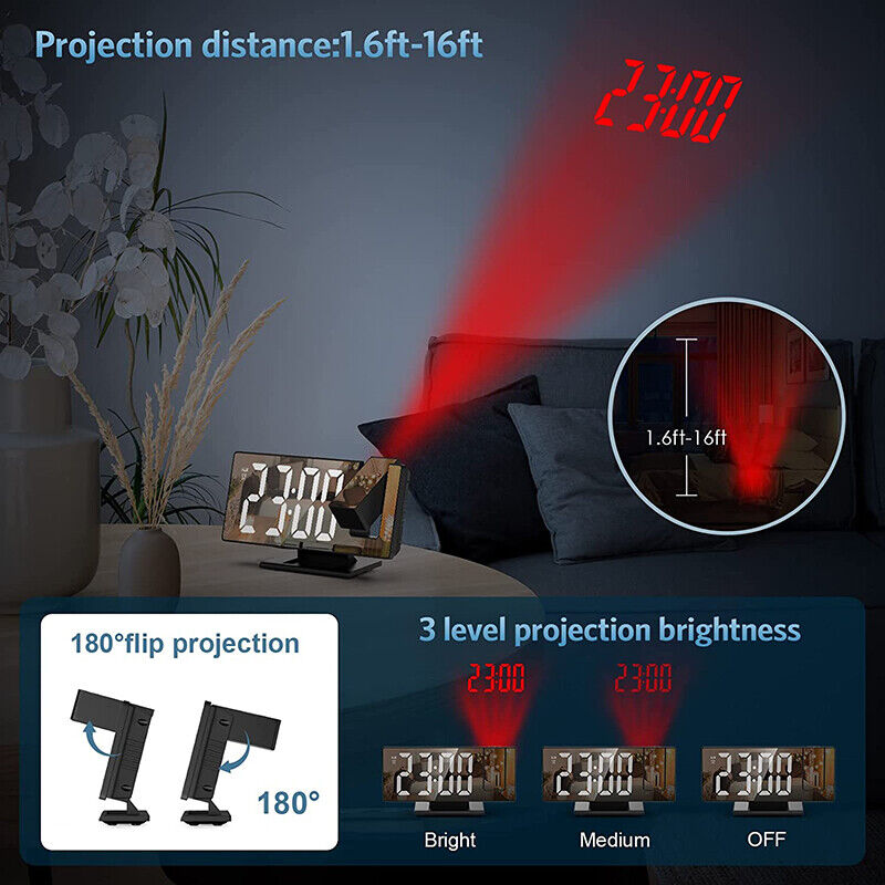 USB-Powered Rotatable LED Projector Clock with Dual Alarms, FM Radio & Snooze Function"