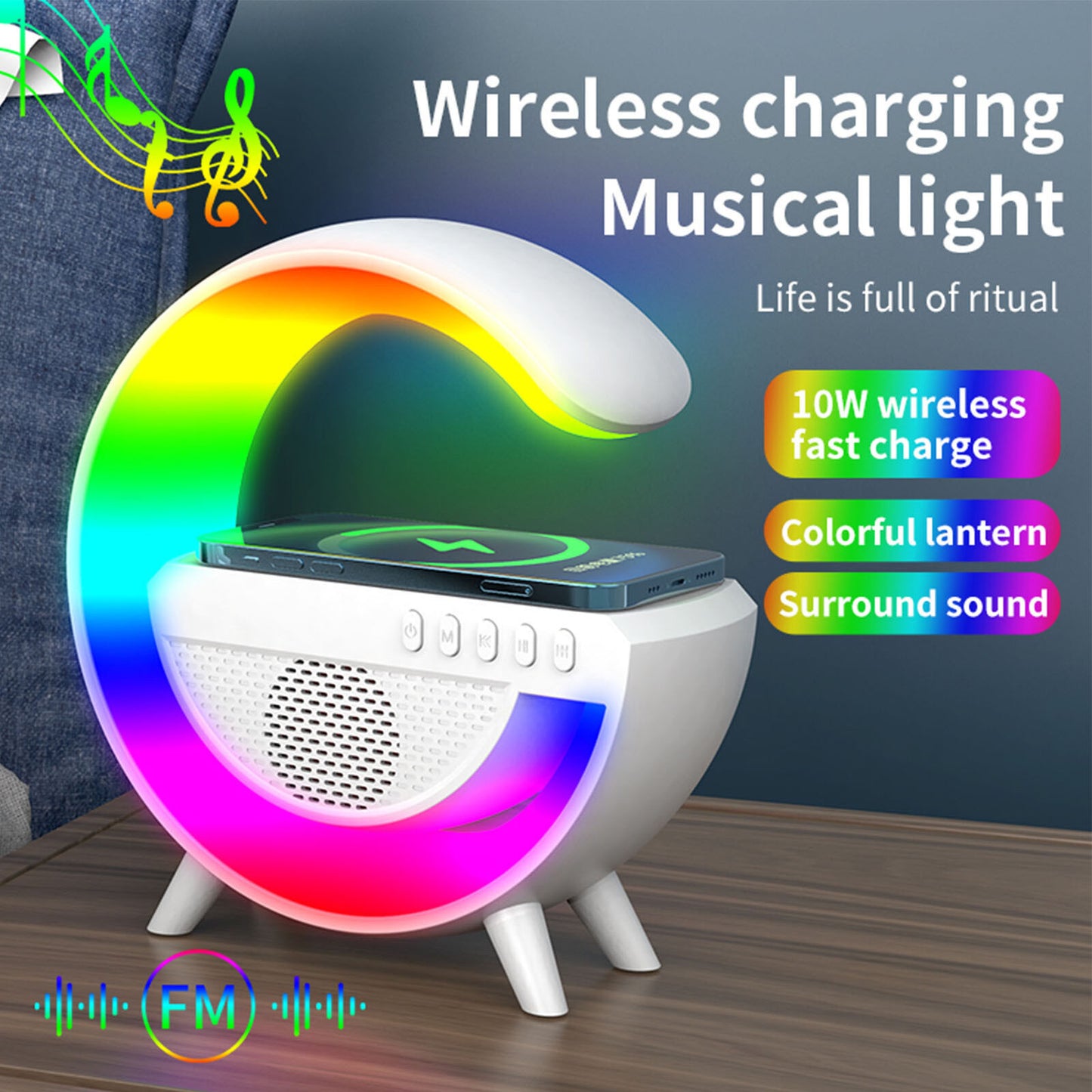 RGB Night Light Desk Lamp with Wireless Charger and Bluetooth Speaker