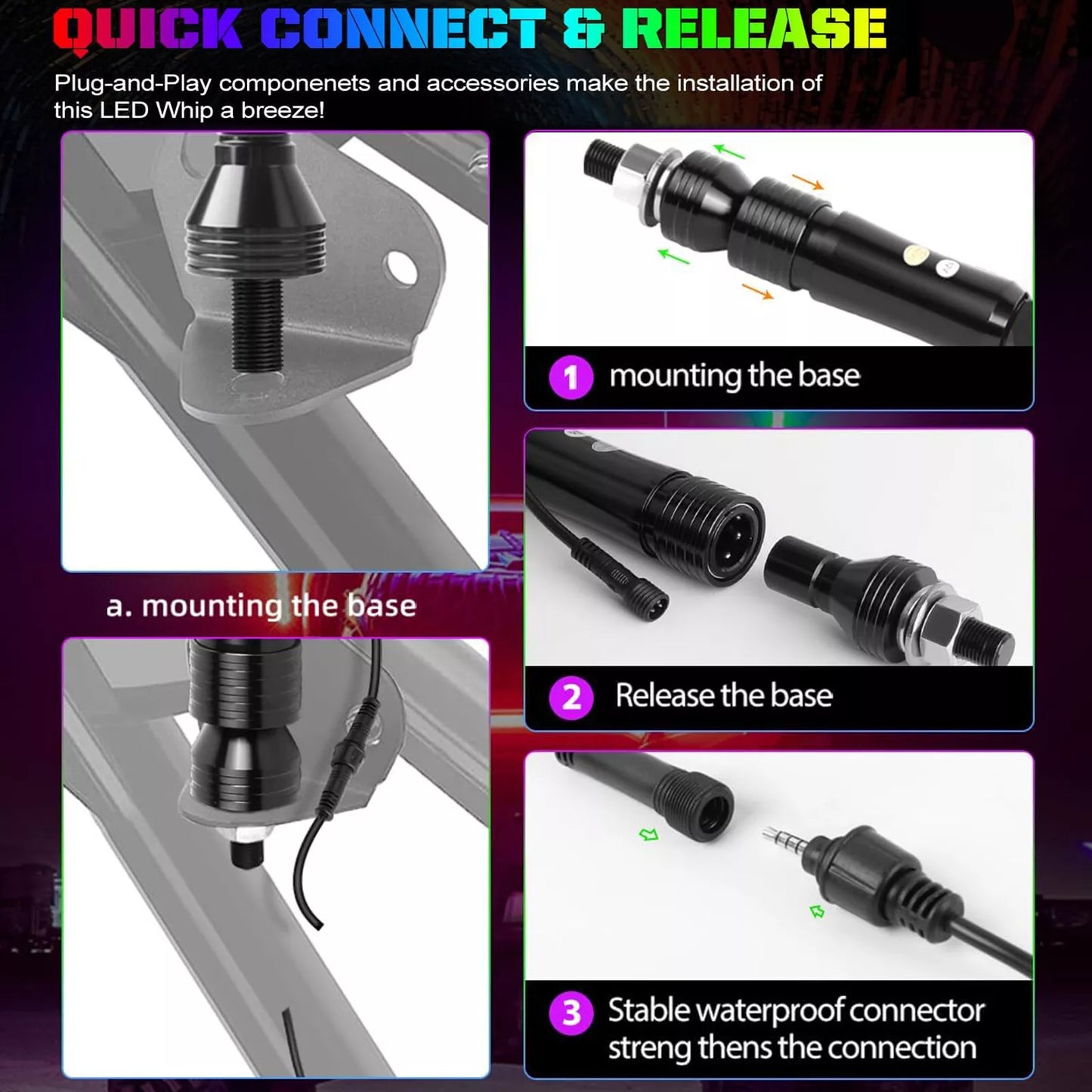 3FT Spiral LED Whip Antenna with Flag & Remote – RGB Light for ATV, UTV, Polaris RZR, Can-Am