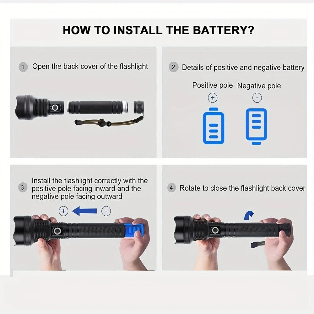 Super Bright LED Flashlight – XHP50.2, USB-C Rechargeable, 1000M Beam, Waterproof