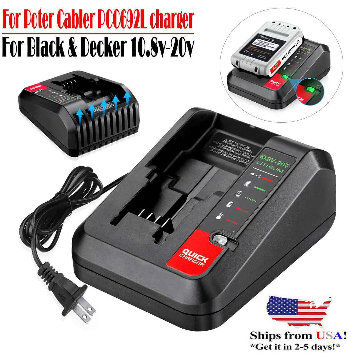 Power Up Faster with 20V MAX Rapid Charger for Black&Decker and Porter Cable 20 Volt Lithium Battery