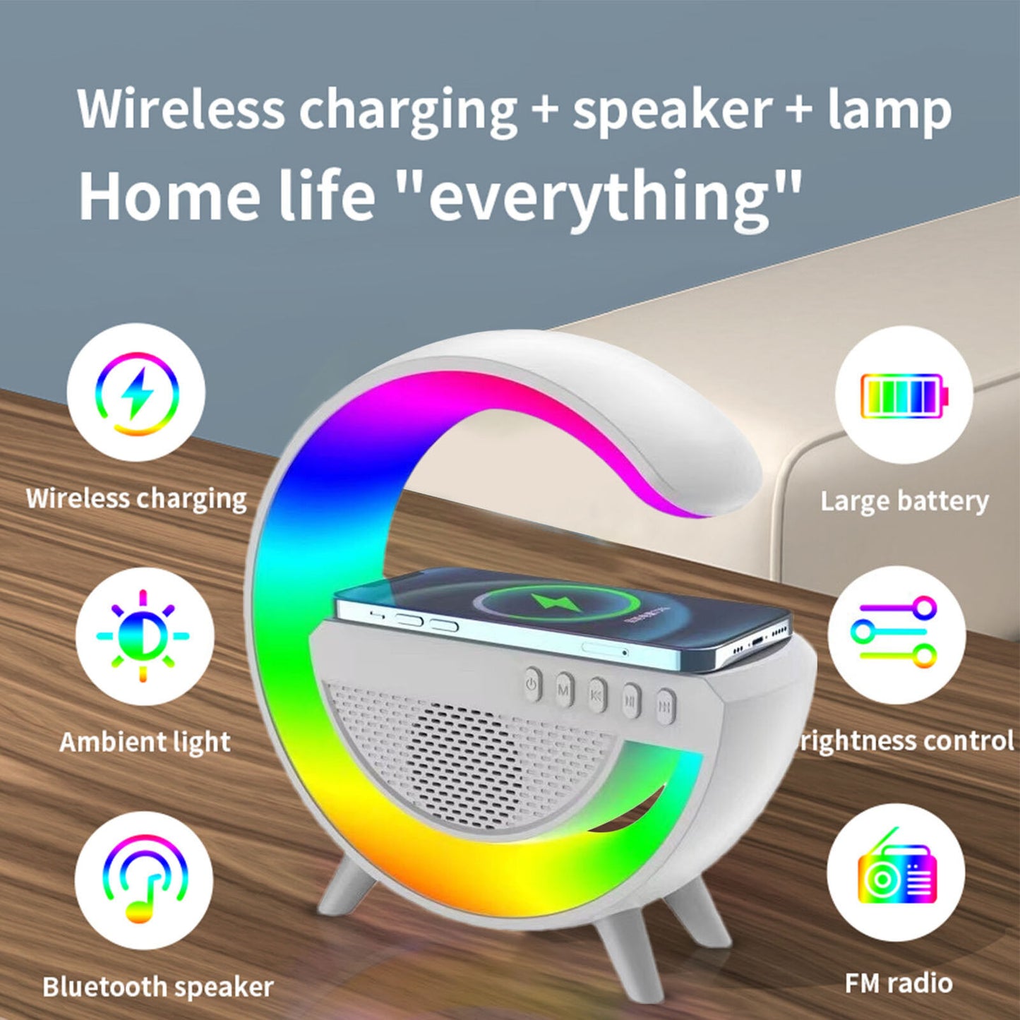 RGB Night Light Desk Lamp with Wireless Charger and Bluetooth Speaker