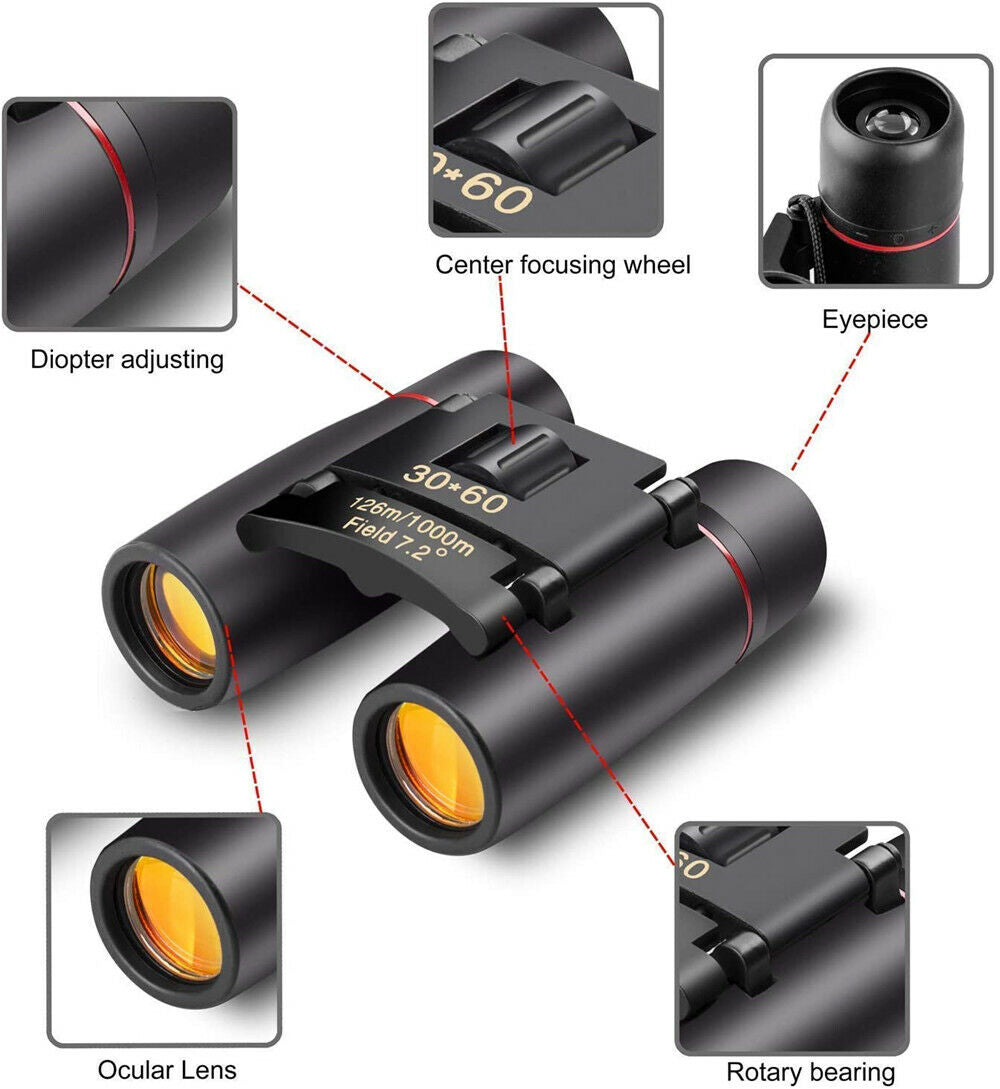 Compact Folding Binoculars 30x60 Zoom - Outdoor Travel, Hunting, and Day/Night Viewing