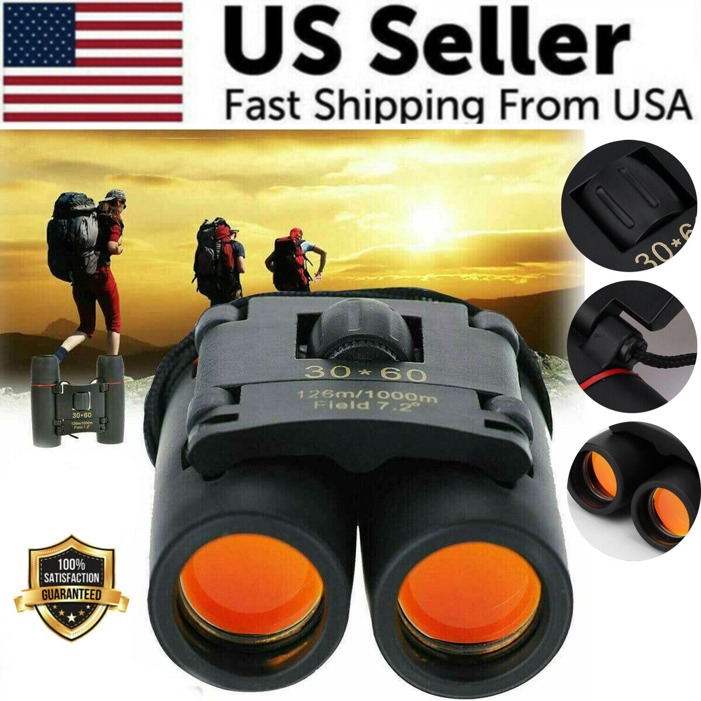 Compact Folding Binoculars 30x60 Zoom - Outdoor Travel, Hunting, and Day/Night Viewing