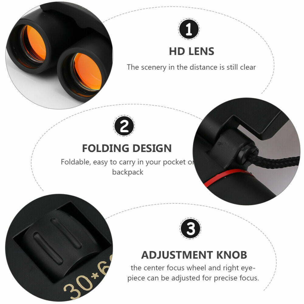Compact Folding Binoculars 30x60 Zoom - Outdoor Travel, Hunting, and Day/Night Viewing