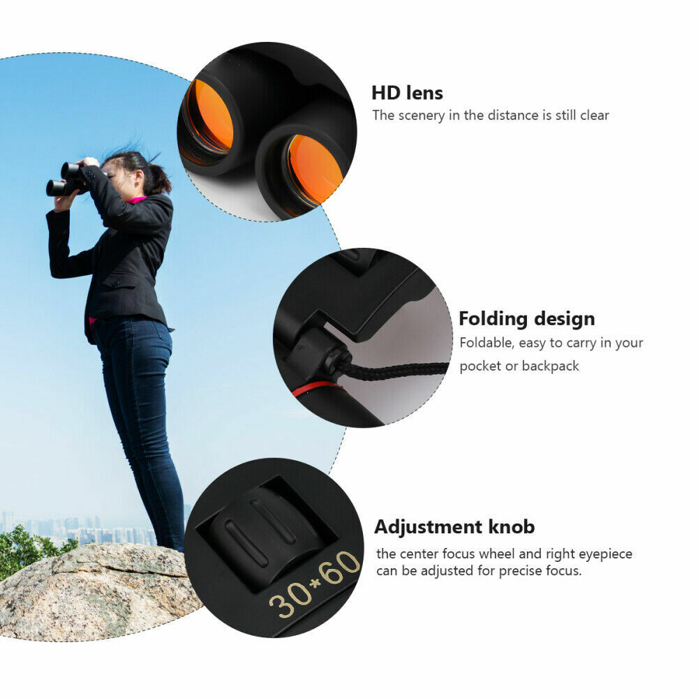 Compact Folding Binoculars 30x60 Zoom - Outdoor Travel, Hunting, and Day/Night Viewing