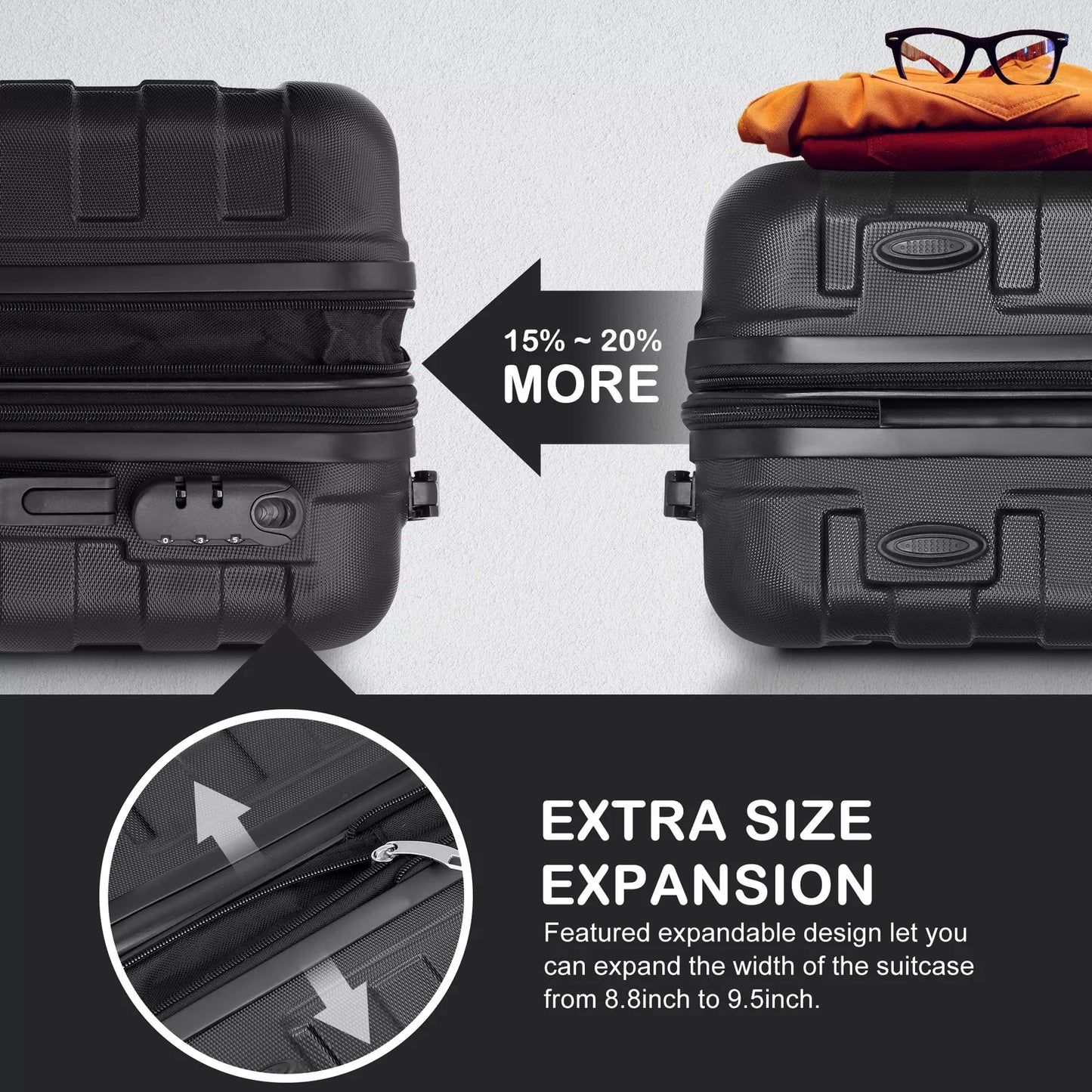 22" Black Hardside Carry-On Spinner Suitcase - Expandable Luggage with Wheels