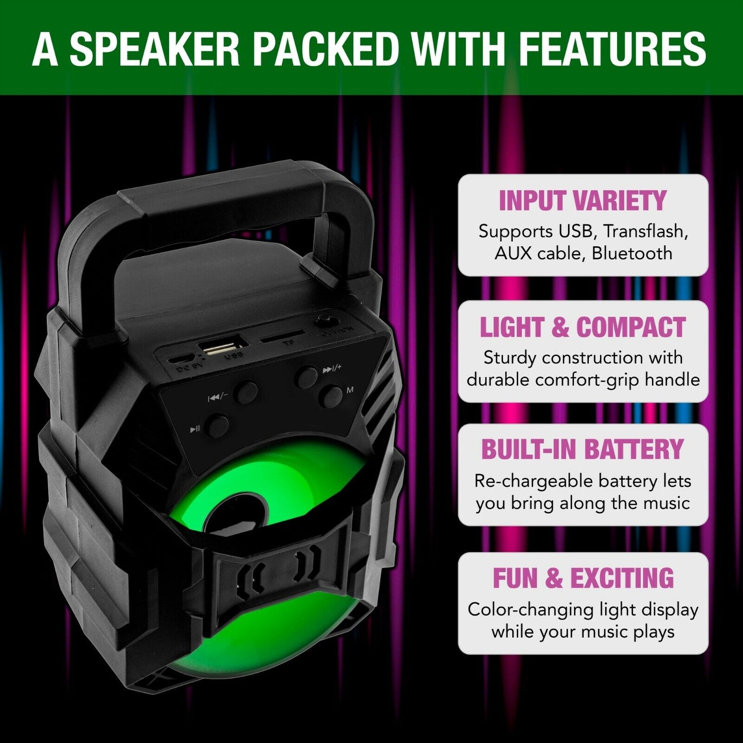 Mini Bluetooth Speaker with FM Radio, AUX/USB/SD Inputs, and LED Party Lights – 400W Portable Sound System