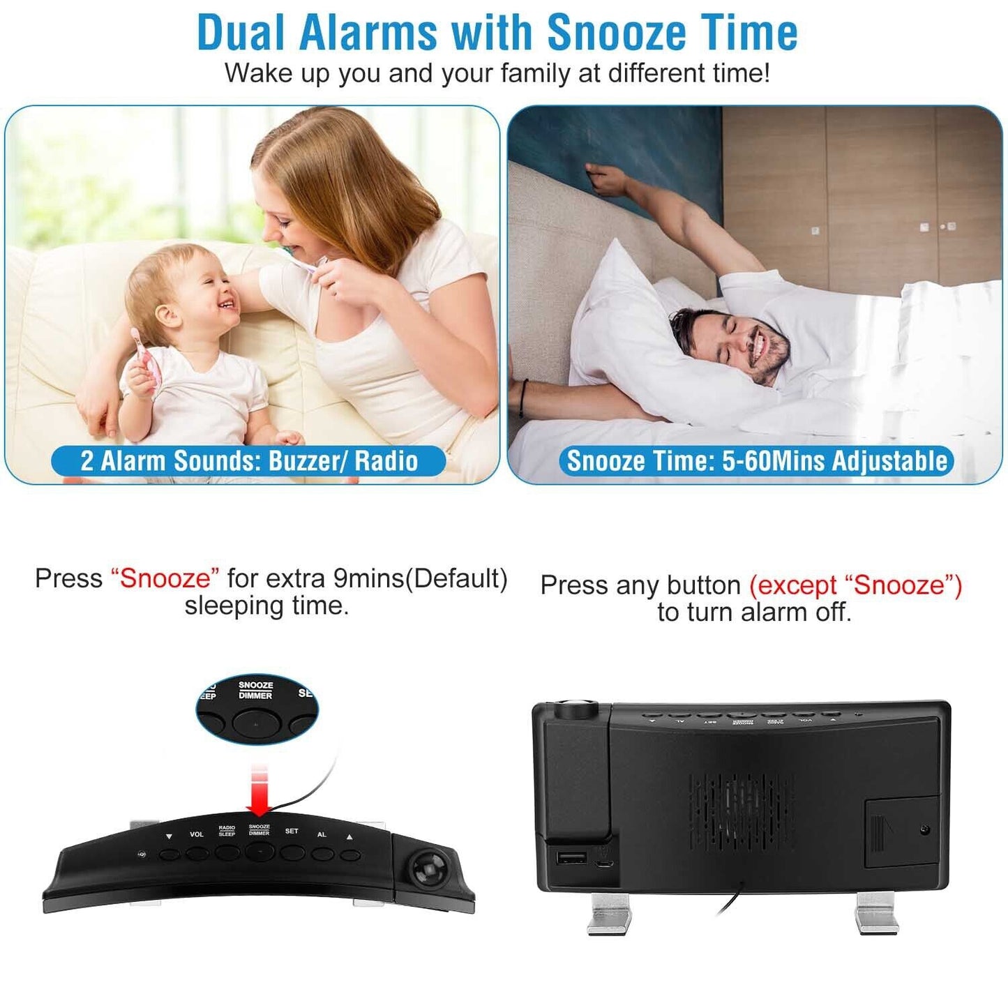 Rotatable Digital LED Projector Clock with Dual Alarms, FM Radio & USB Charging