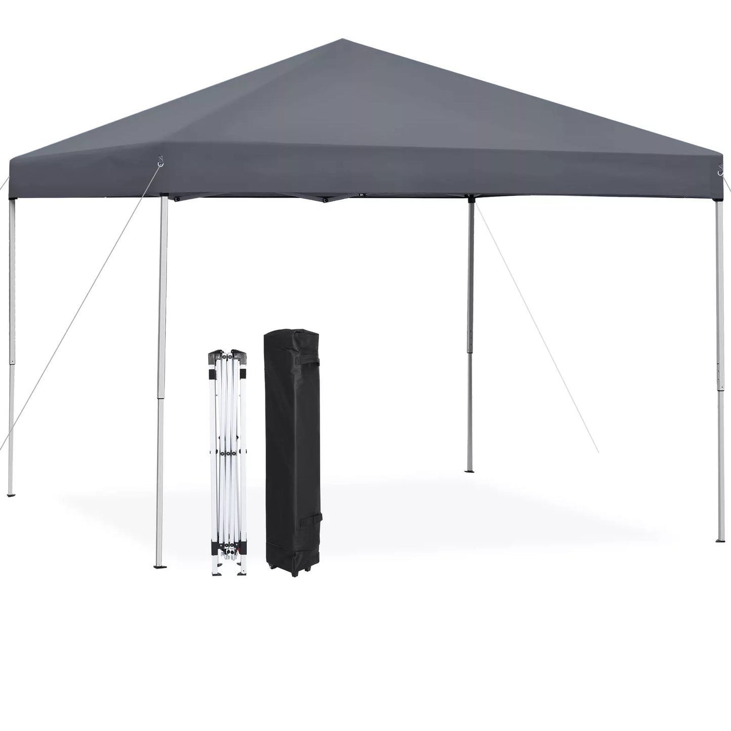 10x10 Pop-Up Canopy Tent with Adjustable Straight Leg Heights, Wheeled Bag & Ropes - Grey