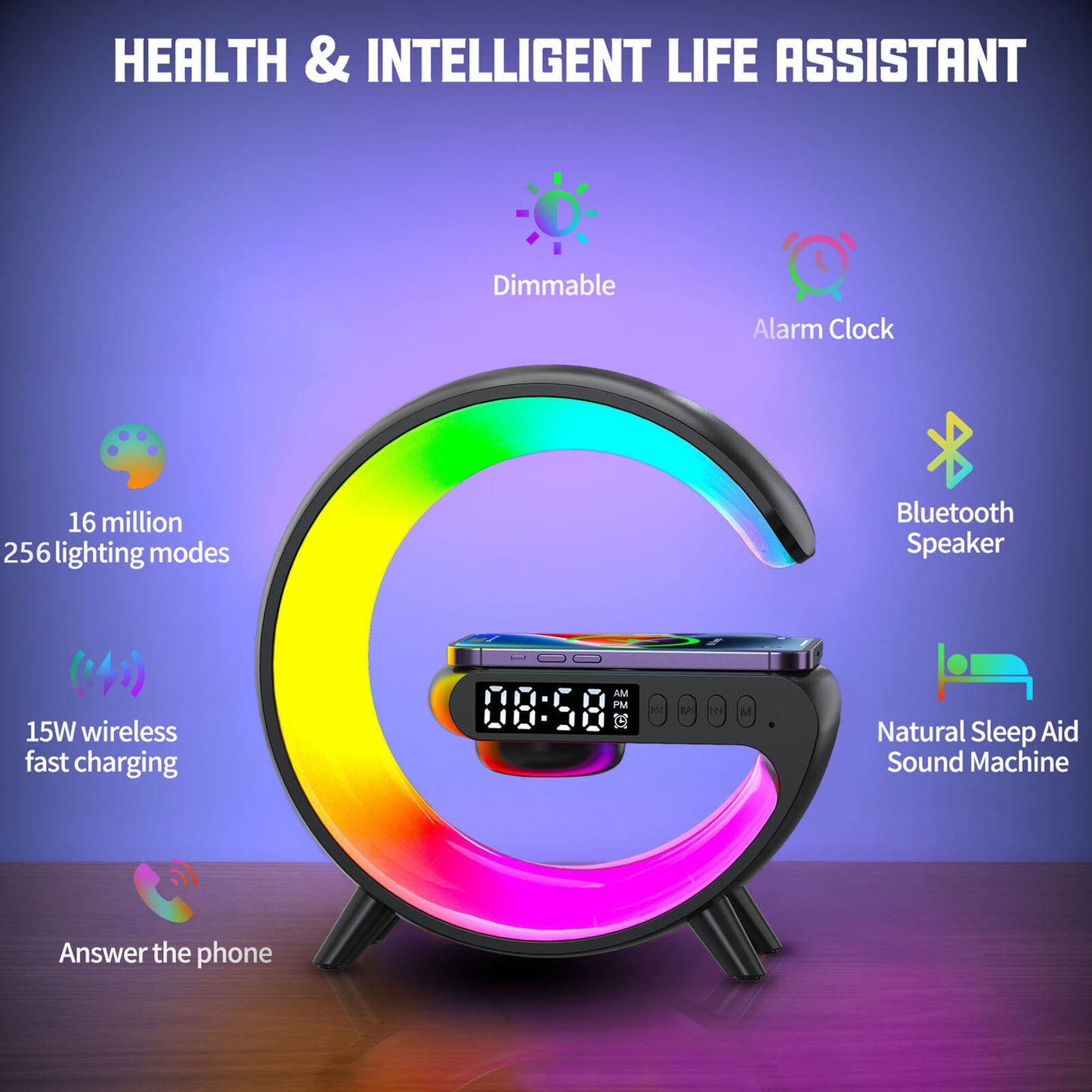 Bluetooth Speaker Wireless Charger RGB Alarm Clock LED Night Light