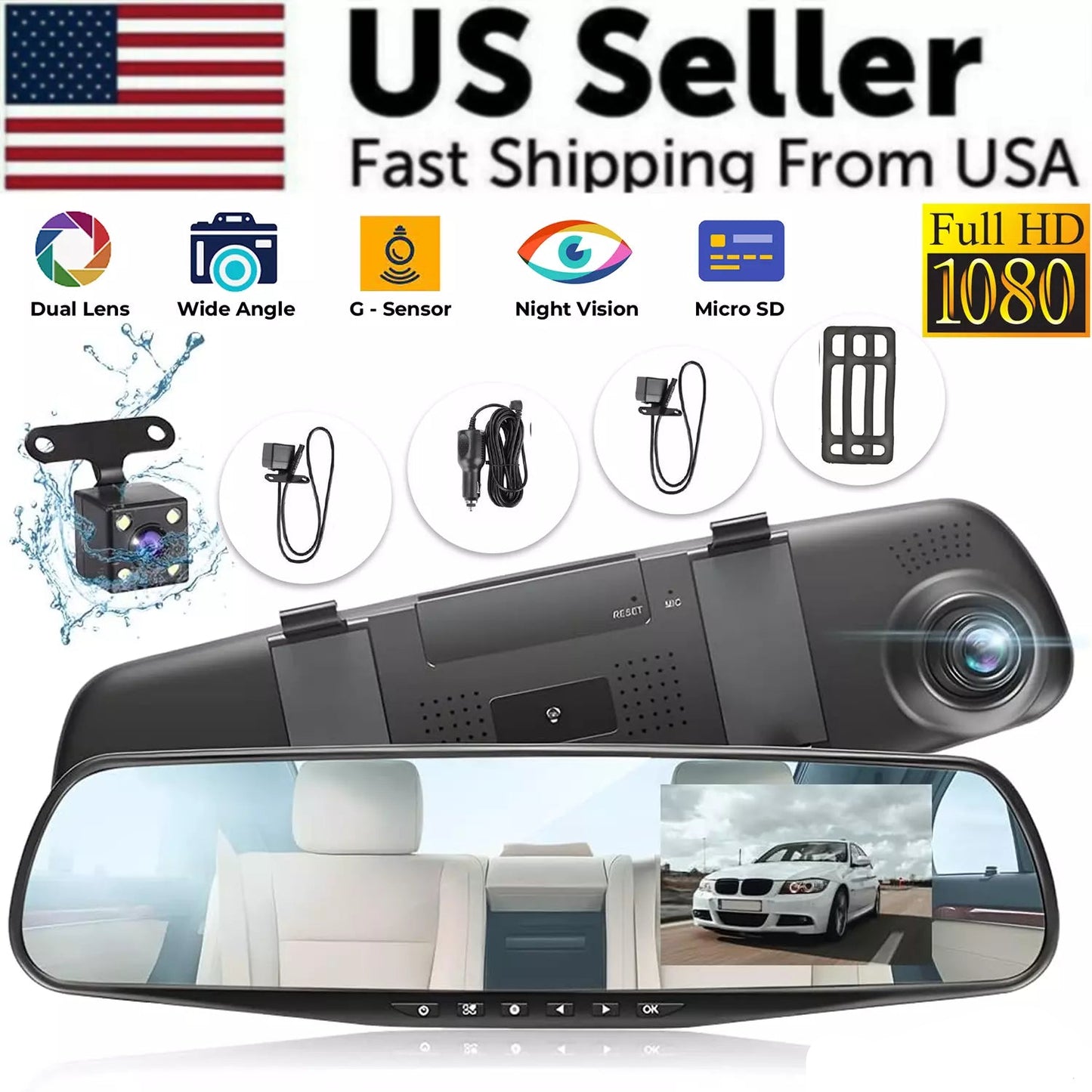 1080P Dual Dash Cam Mirror – Front & Rear Cameras, Night Vision, G-Sensor, Parking Mode