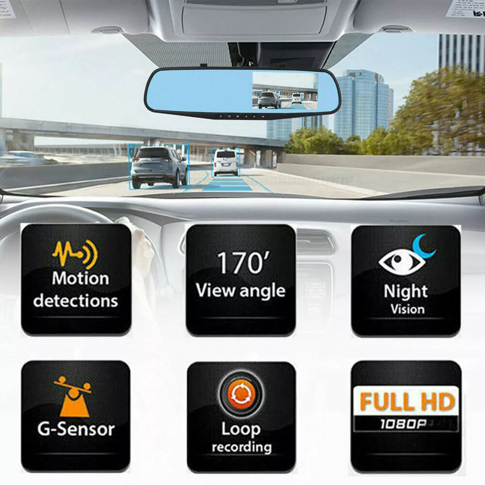 1080P Dual Dash Cam Mirror – Front & Rear Cameras, Night Vision, G-Sensor, Parking Mode