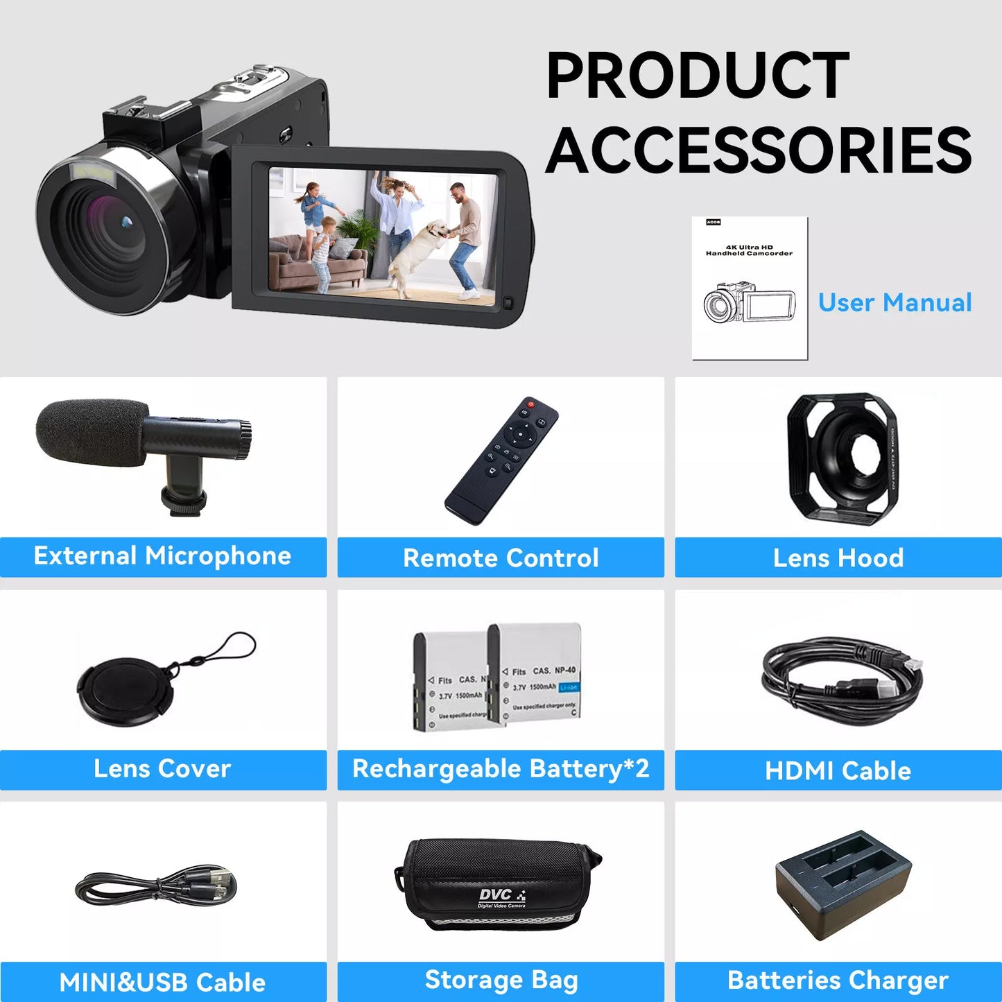 4K Video Camcorder – 48MP Digital Camera with 3” IPS Flip Screen, 16X Zoom, Wi-Fi App Control, External Mic, HDMI/USB, Dual Batteries – Vlogging Camera