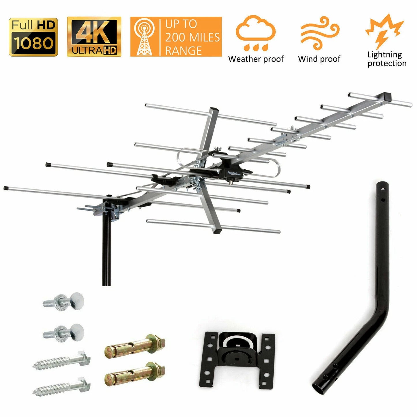 200+ Mile Long Range Outdoor HDTV Antenna – 4K 1080p VHF/UHF Digital TV Antenna with Mounting Pole, Weather-Resistant Design, Easy Assembly