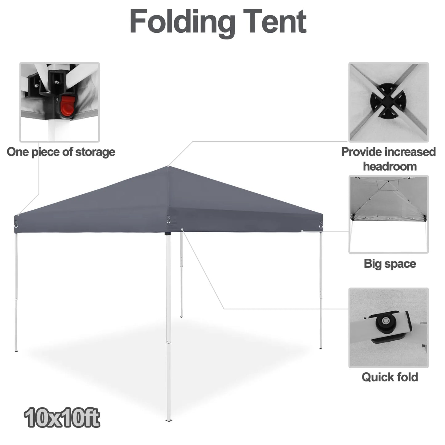 10x10 Pop-Up Canopy Tent with Adjustable Straight Leg Heights, Wheeled Bag & Ropes - Grey