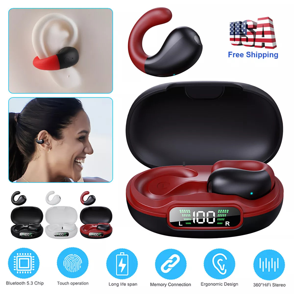 Bone Conduction Wireless Headphones – Bluetooth 5.3 Ear Clip Sport Earbuds