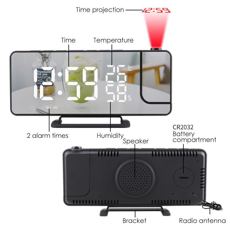 USB-Powered Rotatable LED Projector Clock with Dual Alarms, FM Radio & Snooze Function"