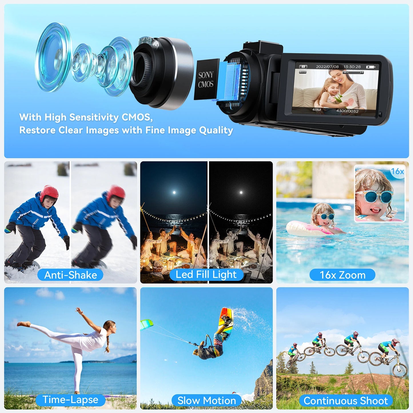 4K Video Camcorder – 48MP Digital Camera with 3” IPS Flip Screen, 16X Zoom, Wi-Fi App Control, External Mic, HDMI/USB, Dual Batteries – Vlogging Camera