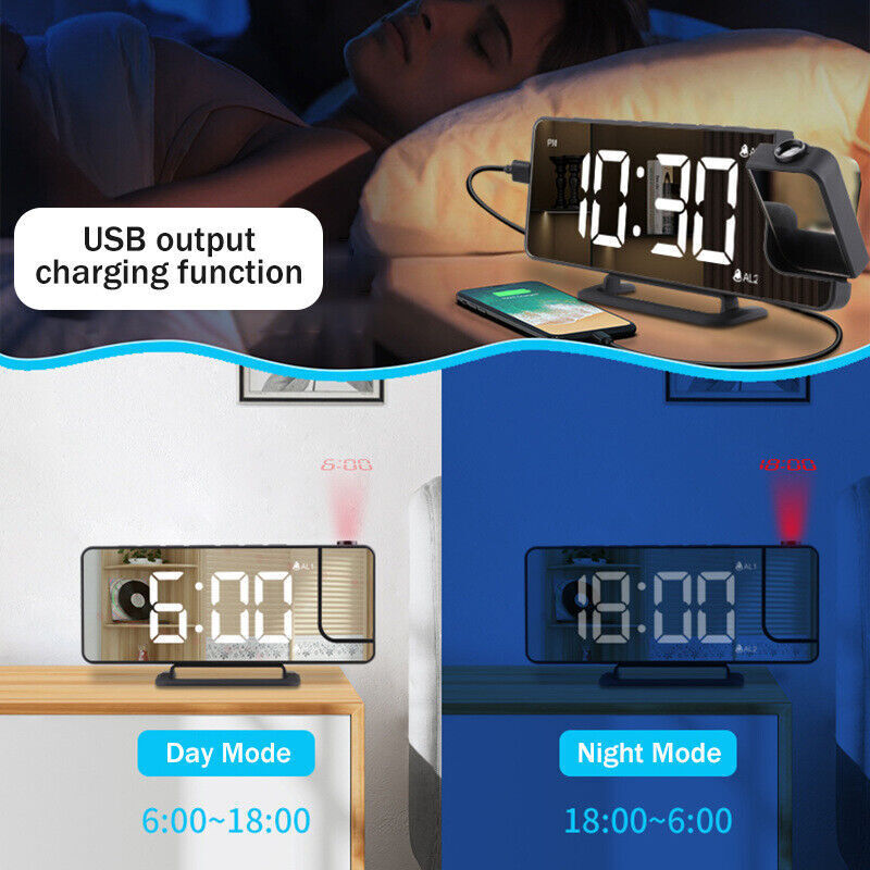 USB-Powered Rotatable LED Projector Clock with Dual Alarms, FM Radio & Snooze Function"