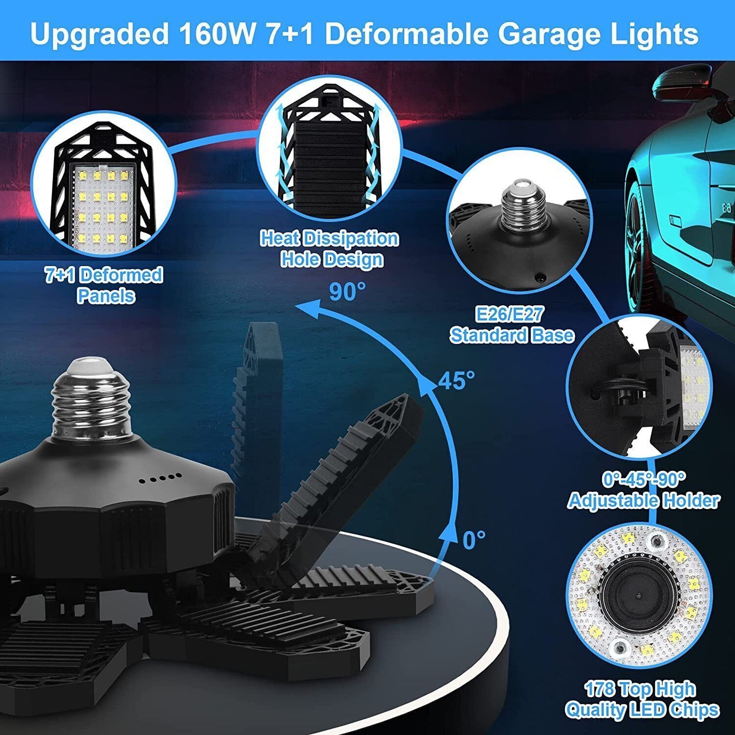 Bright 100W LED Garage Lights Deformable 100000lm Bulb