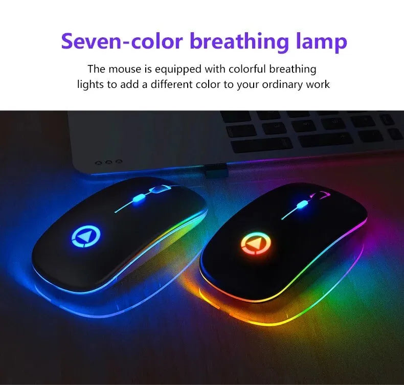 2.4GHz USB Rechargeable Wireless Optical Mouse with RGB Lighting, Cordless Design for PC and Laptop