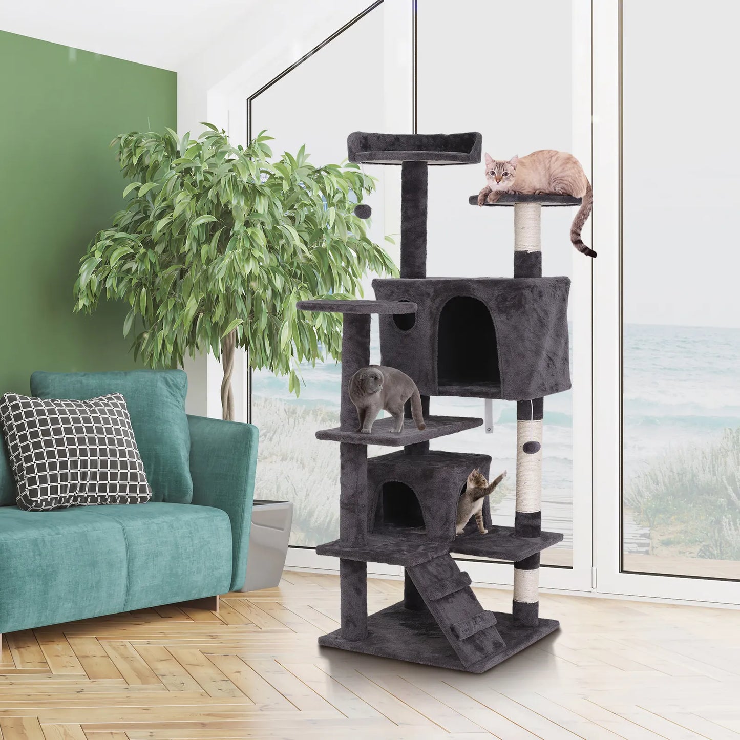 55" Sturdy Cat Tree Tower: Large Activity Center & Condo for Play and Rest