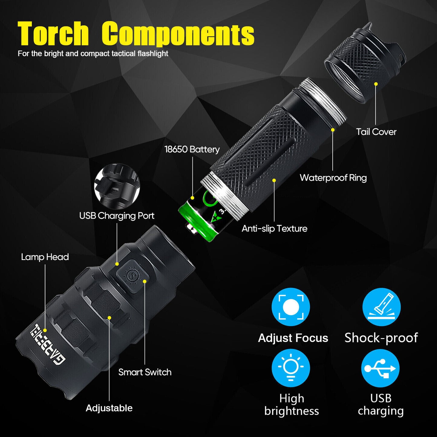 Super-Bright LED Tactical Flashlight Torch With Rechargeable Battery 50000LM