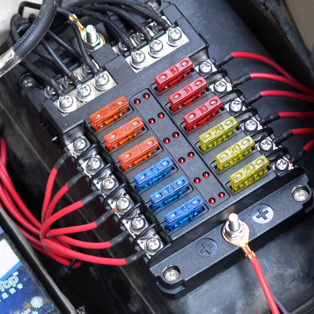 12-Way Waterproof Fuse Box – LED Indicator, Cover, Terminals | Car, Boat, Marine, RV Use