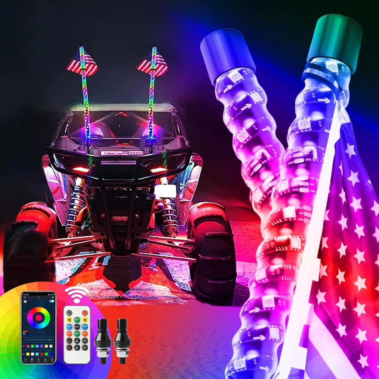 3FT Spiral LED Whip Antenna with Flag & Remote – RGB Light for ATV, UTV, Polaris RZR, Can-Am