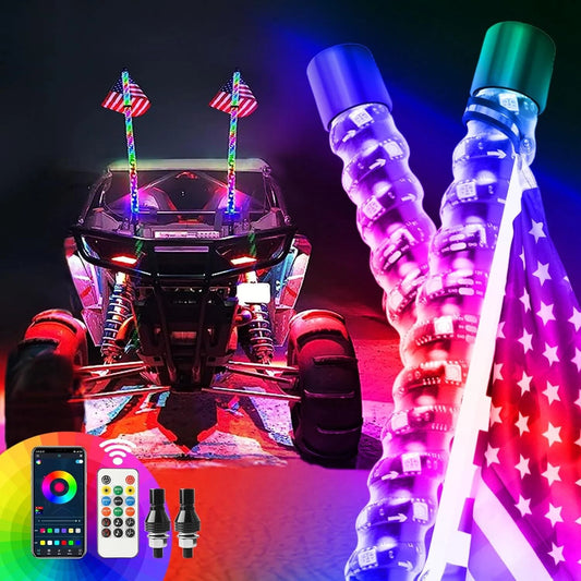 3FT Spiral LED Whip Antenna with Flag & Remote – RGB Light for ATV, UTV, Polaris RZR, Can-Am