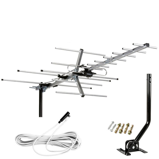 200+ Mile Long Range Outdoor HDTV Antenna – 4K 1080p VHF/UHF Digital TV Antenna with Mounting Pole, Weather-Resistant Design, Easy Assembly