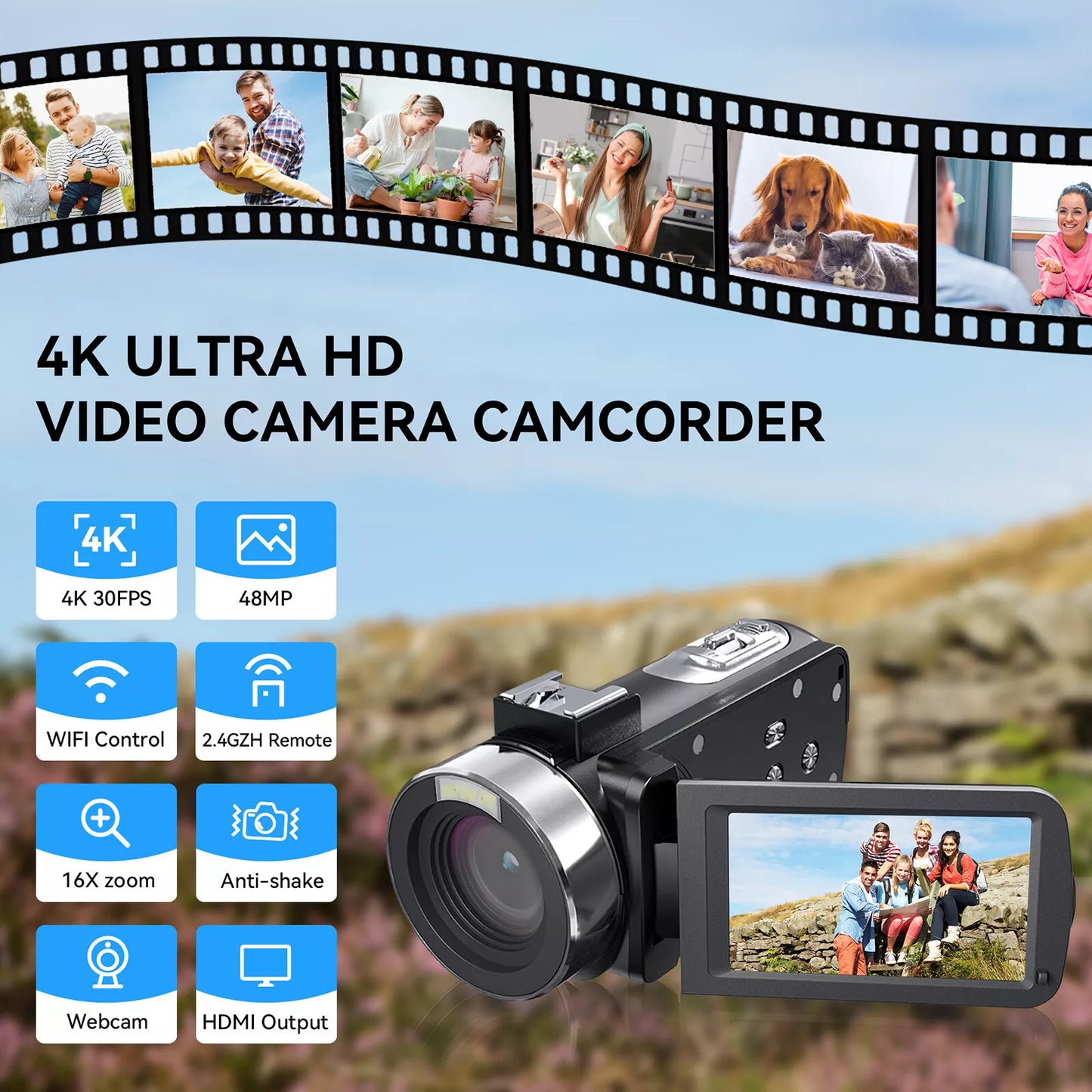 4K Video Camcorder – 48MP Digital Camera with 3” IPS Flip Screen, 16X Zoom, Wi-Fi App Control, External Mic, HDMI/USB, Dual Batteries – Vlogging Camera