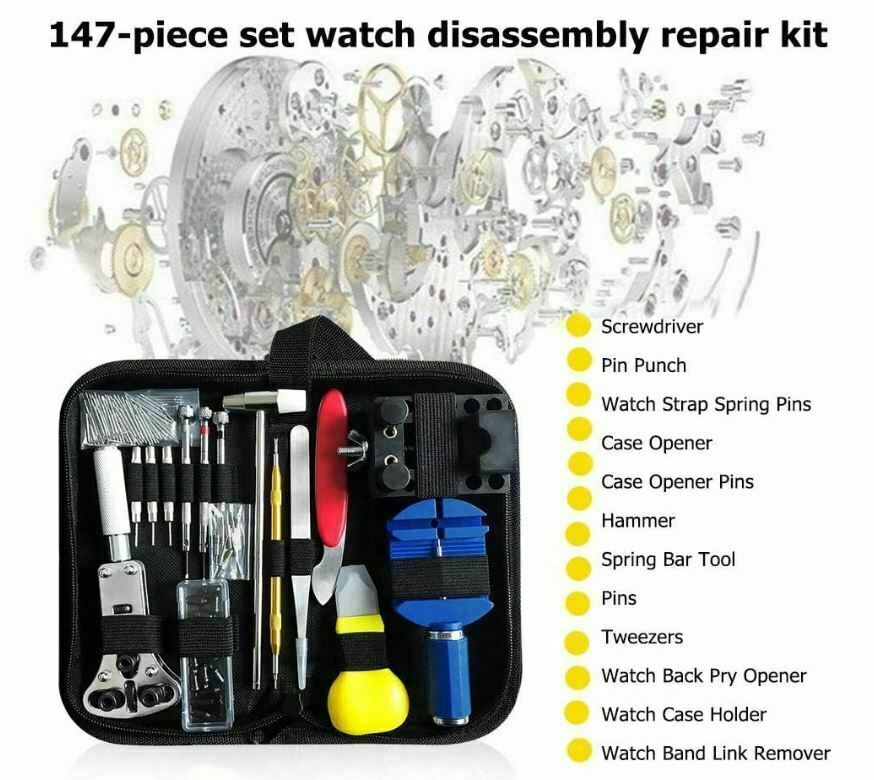 147 pcs Watchmaker Repair Kit: Includes Back Case Remover, Opener, Link Pin, and Spring Bar Tools