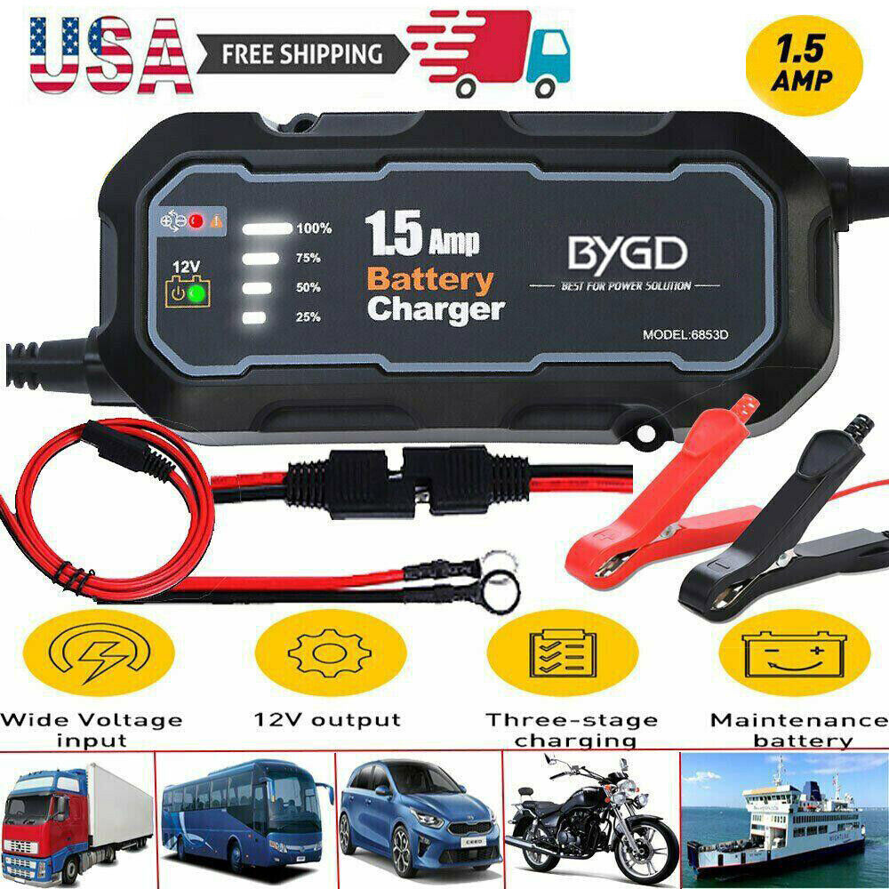 12V 1.5A Car Battery Charger Maintainer - Perfect for Trucks, Motorcycles, ATVs, and RVs