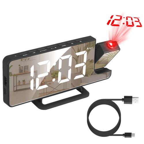 USB-Powered Rotatable LED Projector Clock with Dual Alarms, FM Radio & Snooze Function"