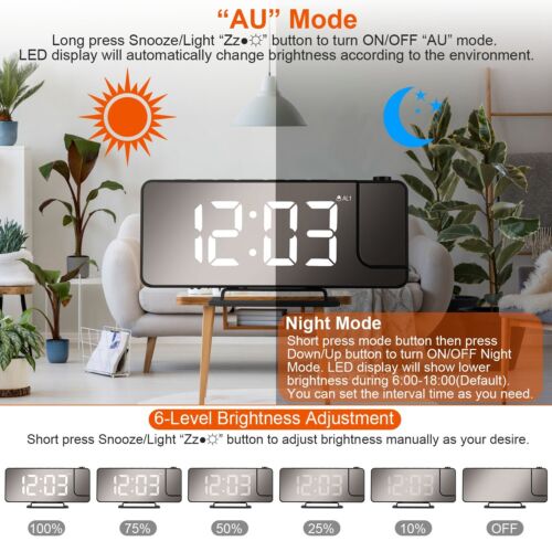 USB-Powered Rotatable LED Projector Clock with Dual Alarms, FM Radio & Snooze Function"