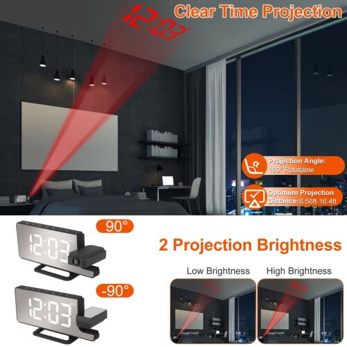 USB-Powered Rotatable LED Projector Clock with Dual Alarms, FM Radio & Snooze Function"