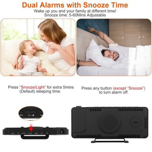 USB-Powered Rotatable LED Projector Clock with Dual Alarms, FM Radio & Snooze Function"