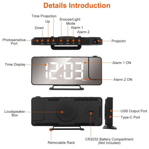 USB-Powered Rotatable LED Projector Clock with Dual Alarms, FM Radio & Snooze Function"