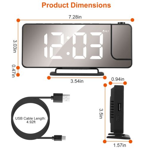 USB-Powered Rotatable LED Projector Clock with Dual Alarms, FM Radio & Snooze Function"