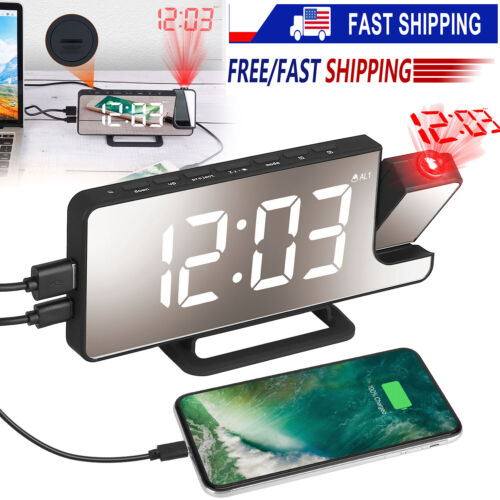 USB-Powered Rotatable LED Projector Clock with Dual Alarms, FM Radio & Snooze Function"