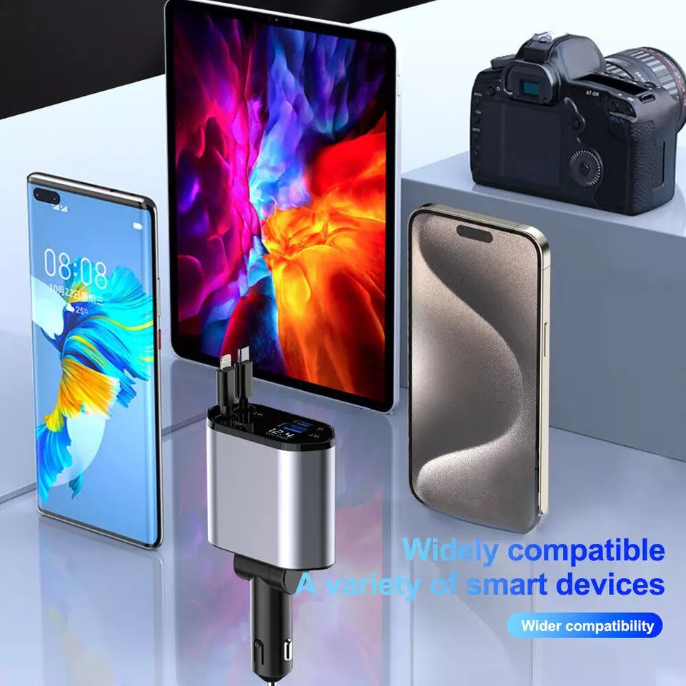 Retractable Car Charger 4 in 1, Fast Car Phone Charger with Cord 2.6ft, USB C and Apple Car Charger Adapter, Compatible with iPhone 16 15/15 Pro Max/14/13/12/11, Galaxy, Pixel