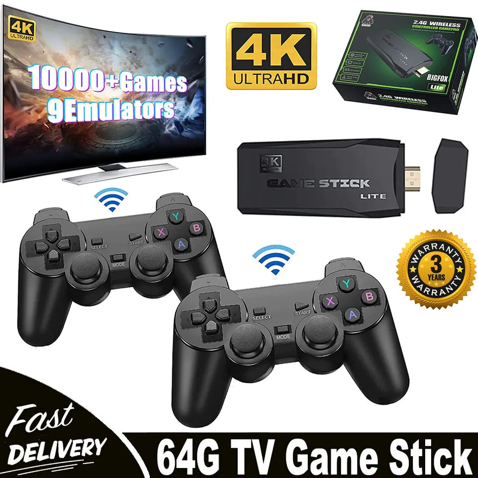 HDMI 4K Retro Game Stick Console – 64GB with 20,000+ Classic Games & 2 Wireless Controllers