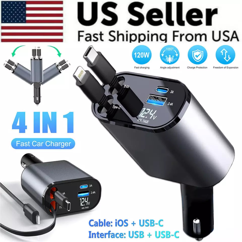 Retractable Car Charger 4 in 1, Fast Car Phone Charger with Cord 2.6ft, USB C and Apple Car Charger Adapter, Compatible with iPhone 16 15/15 Pro Max/14/13/12/11, Galaxy, Pixel